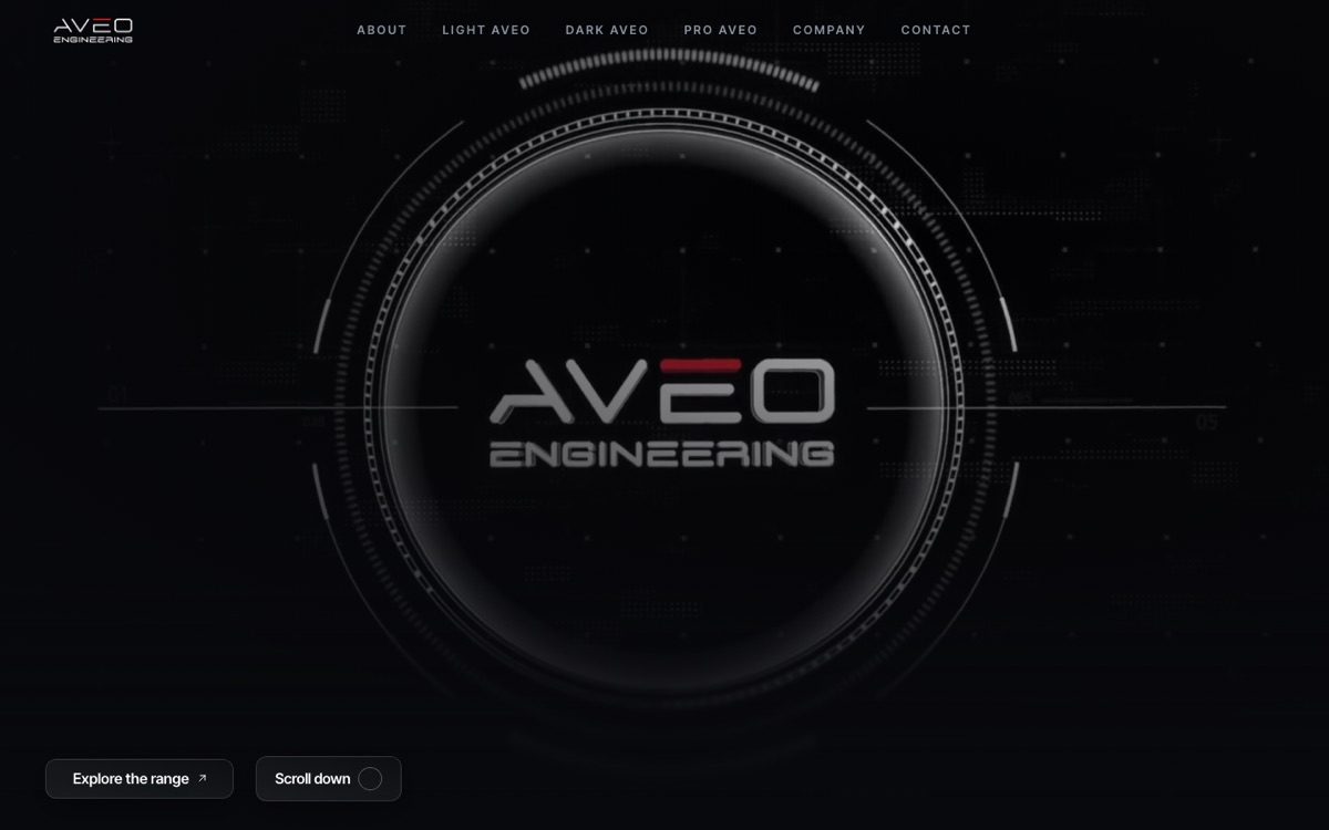 Homepage of Aveo Engineering: the Aveo logo inside a glowing ring