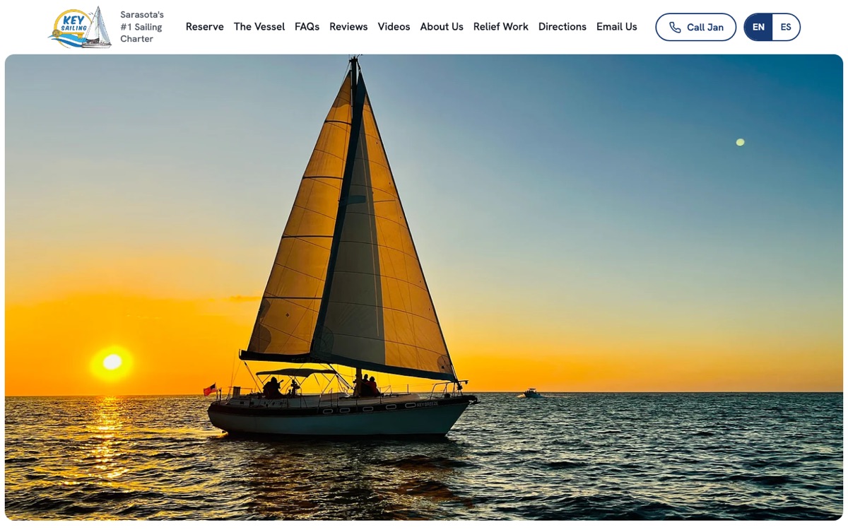 Homepage of Key Sailing Sarasota: a sailboat at sunset